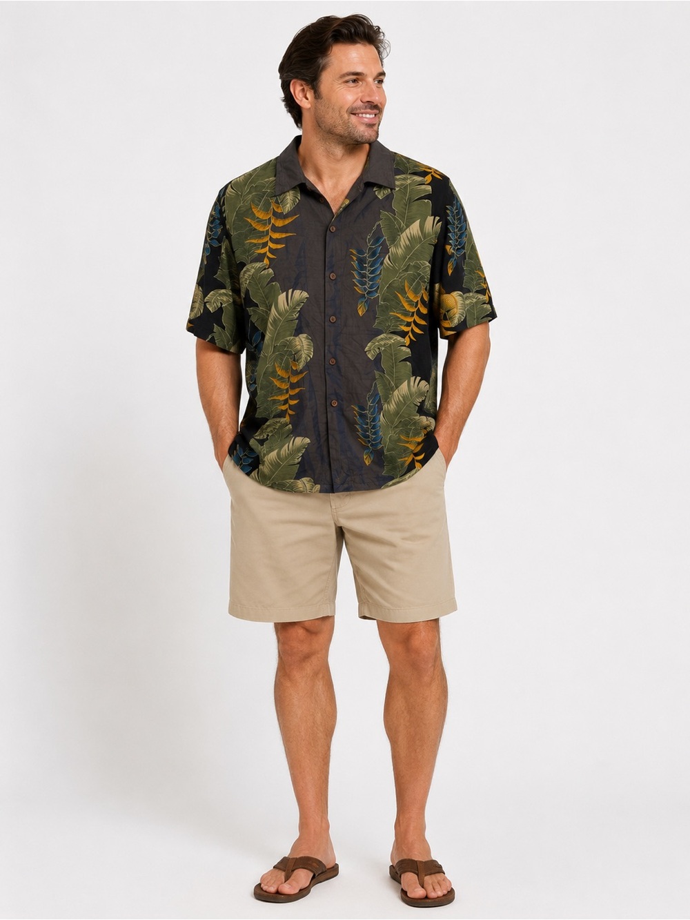 Tommy Bahama Men’s Large Hawaiian Camp Shirt Blue Tropical Leaf Button-Up Silk